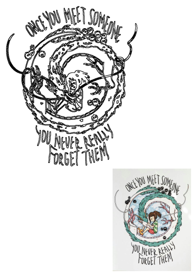 Spirited Away drawing of Chihiro hugging Haku dragon with Soot Sprites and 'Never Forget Someone' quote. Studio Ghibli fan art.