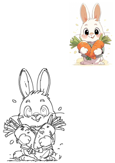 Adorable white rabbit clutching two orange carrots, depicted in a vibrant cartoon style alongside a black and white outline.