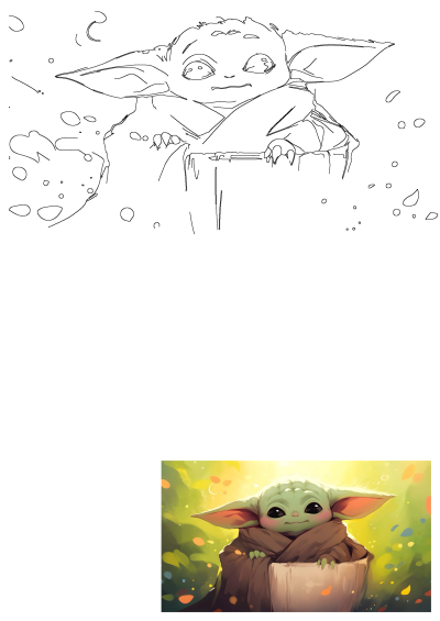 Cute Baby Yoda (Grogu) vibrant illustration with a sunny 'paper sunshine' background, alongside a corresponding line art sketch.