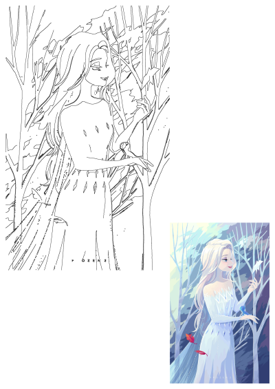 Elsa from Frozen 2 in an enchanted forest, her icy dress flowing, gently interacting with a blue bird. A magical winter scene.