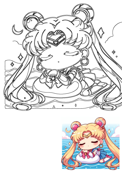 An outline of a sleepy, cute blond chibi Sailor Moon anime girl floating peacefully on gentle waves under a crescent moon and stars.
