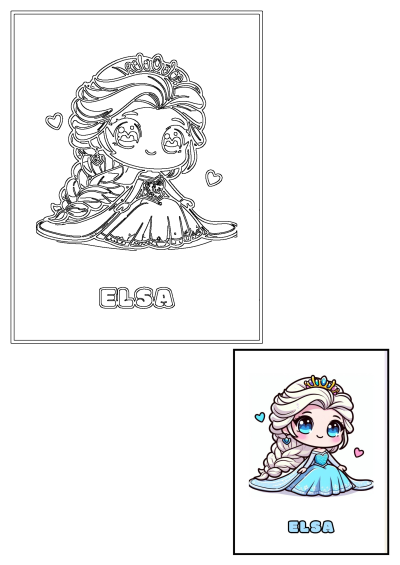 An adorable chibi Elsa from Frozen, presented as a black and white outline coloring page with a colored example.