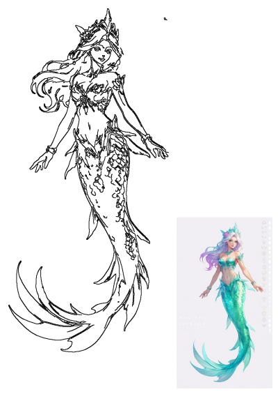 Striking anime mermaid line art with long flowing hair, a detailed crown, and intricate scaled tail design. A graceful fantasy illustration.