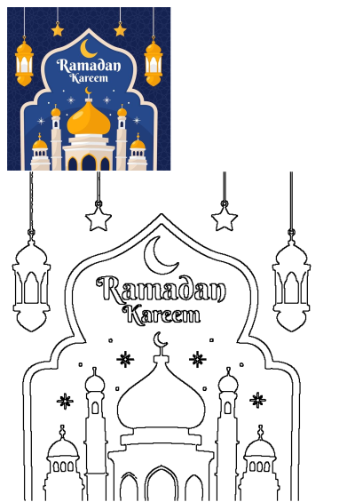 Ramadan Kareem greeting card with a mosque, golden dome, minarets, hanging lanterns, stars, and a crescent moon on a blue patterned background.