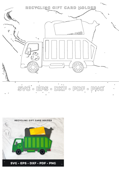 Green recycling truck gift card holder SVG template featuring a green truck and a gift card, perfect for crafters.