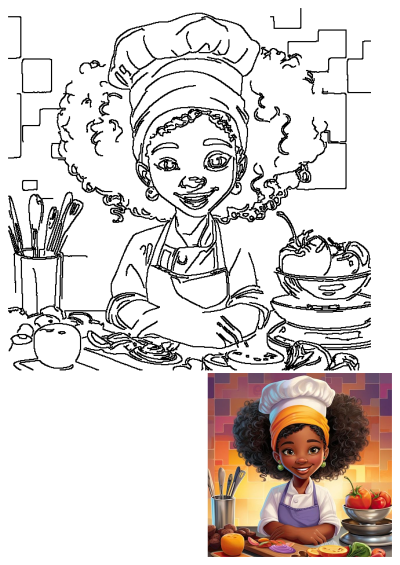 Cartoon African American chef preparing food in kitchen. Smiling girl wearing chef's hat and apron, chopping vegetables.