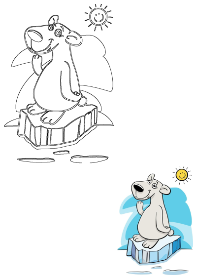 A friendly cartoon polar bear sits on an ice floe in the Arctic under a smiling sun, depicted in both line art and colored illustration.