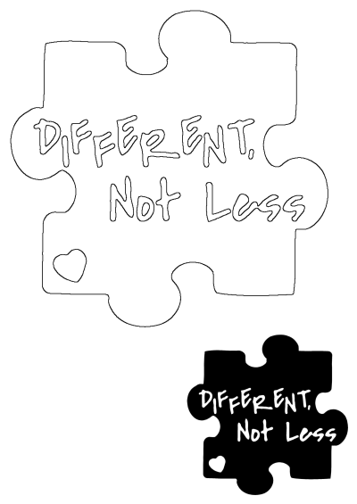 Outline and solid black puzzle pieces with 'DIFFERENT, Not Less' text and hearts, for Autism Awareness.