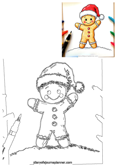 A charming hand-drawn gingerbread man illustration, wearing a red Santa hat, with rosy cheeks, smiling brightly on a snowy base.