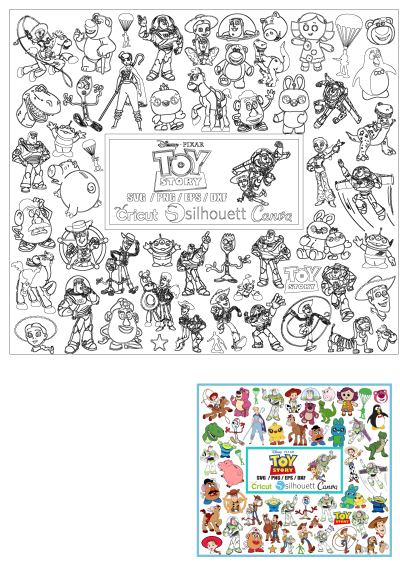 A collection of Toy Story character outlines, provided as SVG, PNG, EPS, DXF files for Cricut, Silhouette, and Canva users.
