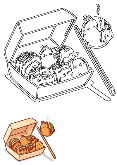 Cartoon Takoyaki Box With Chopsticks, featuring a delightful takeout container filled with delicious, steaming hot Japanese street food.