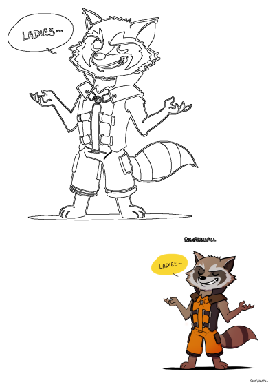 Rocket Raccoon in an orange jumpsuit with 'LADIES~' speech bubble. Features both a black-and-white outline and a colored cartoon.