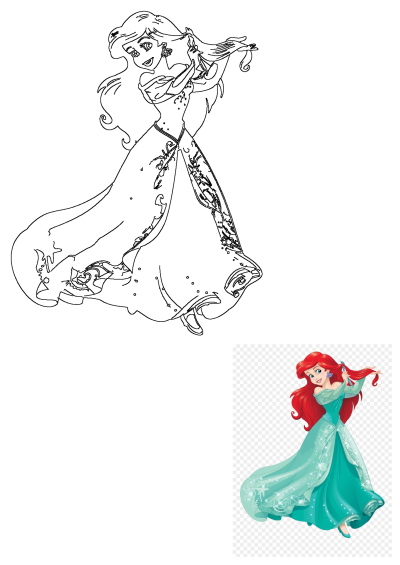 Ariel, The Little Mermaid princess, in a flowing teal gown, smiling while she combs her vibrant red hair. Includes a line art outline.