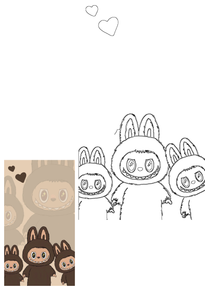 Cute, slightly creepy animals in brown bunny costumes with hearts. Three figures with shiny star eyes and toothy grins, holding hands.