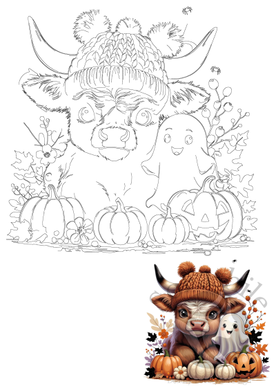 Cute Highland cow in a knitted hat with a friendly ghost, pumpkins, autumn leaves, and spiders. Detailed line art for Halloween.