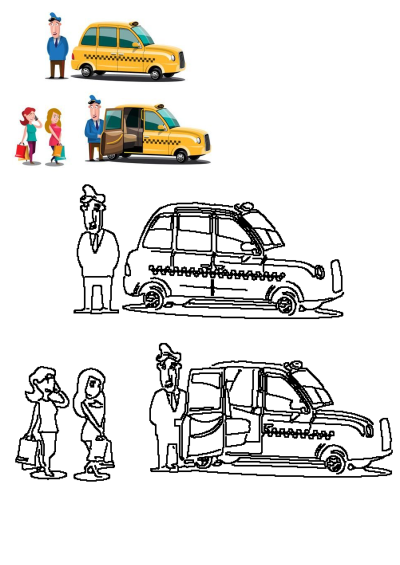 A vibrant illustration featuring a yellow taxi cab, a man in a blue suit as the driver, and two women passengers with shopping bags. Also includes outline versions.