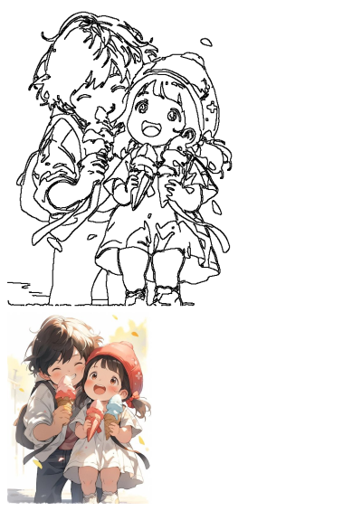 Two smiling anime children, a boy and a girl, enjoy delicious ice cream cones on a sunny day.
