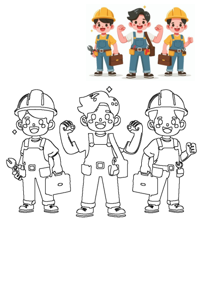 Three happy cartoon construction workers in hard hats and overalls, tools in hand, smiling for teamwork and kids activities.