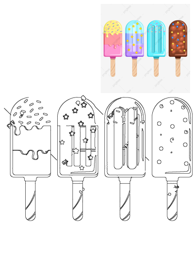A collection of colorful summer popsicles in various flavors and toppings, including outline drawings for creative fun and sweet summer treats.
