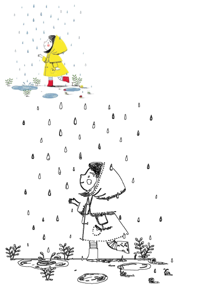 A cheerful illustration of a girl in a yellow raincoat enjoying the rain and puddles, alongside its black and white outline version.