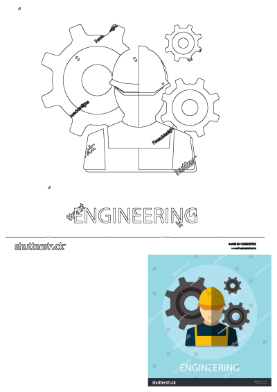 A flat style illustration of an engineer in a yellow hard hat and blue overalls, surrounded by industrial gears, with 'ENGINEERING' text.