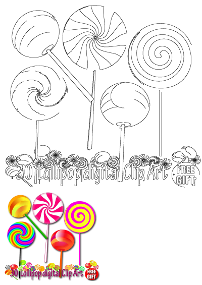 Colorful Lollipops Clip Art Free Gift: A vibrant collection of digital lollipops & candies with swirl, stripe & glossy designs.