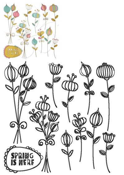 Whimsical spring flowers clipart set featuring colorful and outline floral design elements with a 'Spring Is Here' banner.