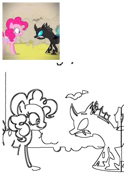 My Little Pony's Pinkie Pie faces an angry Queen Chrysalis, shown as a colorful scene and a black outline drawing below, from Trixie_xt Tiktok.