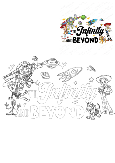 Toy Story characters Buzz Lightyear, Woody, Jessie, Forky, and Slinky Dog with 'To Infinity and Beyond' text and space elements.