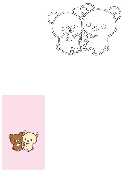Sweet Rilakkuma and Korilakkuma bears sharing a gift, presented as a colorful illustration and a clean black outline drawing.