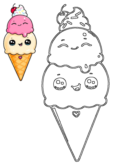 Cute cartoon ice cream cone with two happy scoops, topped with a cherry, sprinkles, and whipped cream, also shown as a line art outline.