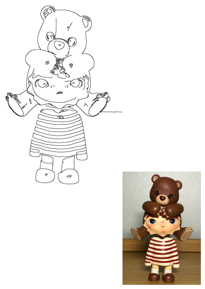 A cute collectible figurine of a girl wearing a striped dress, with a brown bear on her head, perfect for doll collectors.