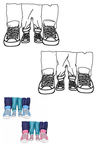 An illustration featuring blue and pink family matching sneakers in adult and child sizes, ideal for fashion or family-themed designs.