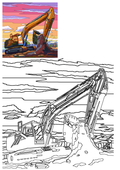 Colorful excavator digging earth, a construction machine, with vibrant sunset colors and an outline for creative art.