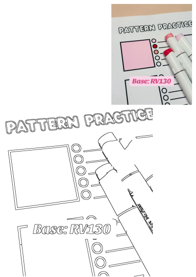 Pattern practice sheet featuring a pink color swatch, circles, and art markers for blending. Highlights 'Base: RV130' marker.