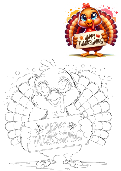 Adorable cartoon turkey with colorful fall feathers and big eyes holds a 'Happy Thanksgiving' sign. Also includes a black and white outline version.