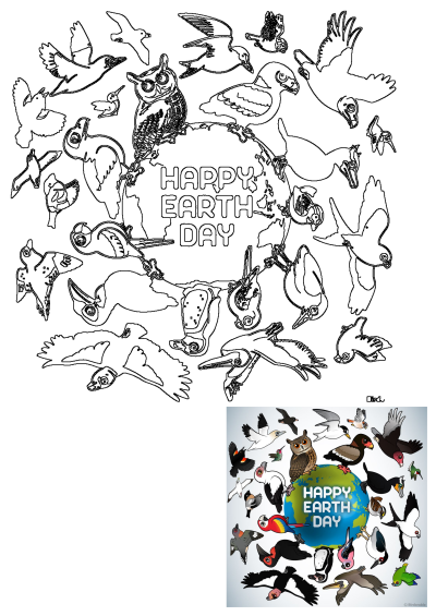 Outline drawing of a Happy Earth Day globe surrounded by a variety of birds in flight and perched, celebrating nature.