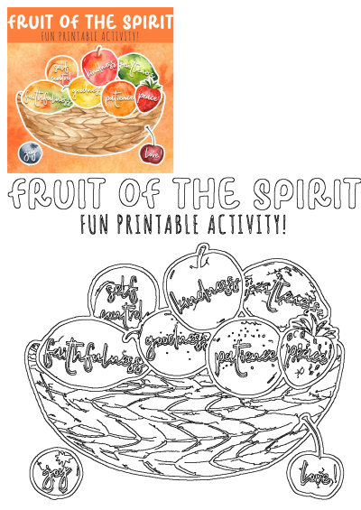 Fruit of the Spirit printable activity, orange background. Basket of fruits with virtues (love, joy, peace, etc.). Includes black and white outline for kids' activity.
