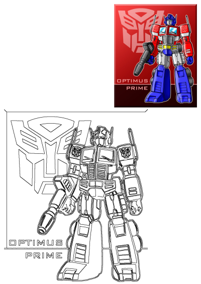 Optimus Prime, iconic Transformer character, featured in a vibrant cartoon illustration and detailed black and white line art.