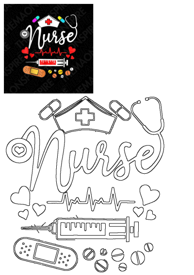 Nurse graphic with hat, stethoscope, heartbeat, syringe, band-aid, and pills. Ideal SVG, EPS, PNG cut file for Cricut projects.