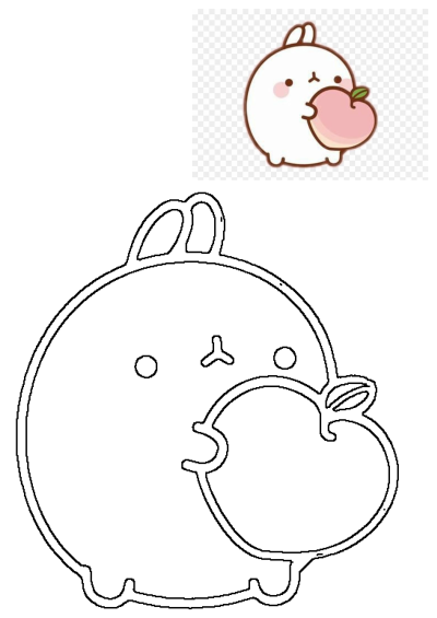 A cute cartoon bunny with pink cheeks holds an apple, depicted as both a charming colored illustration and a clean black outline.