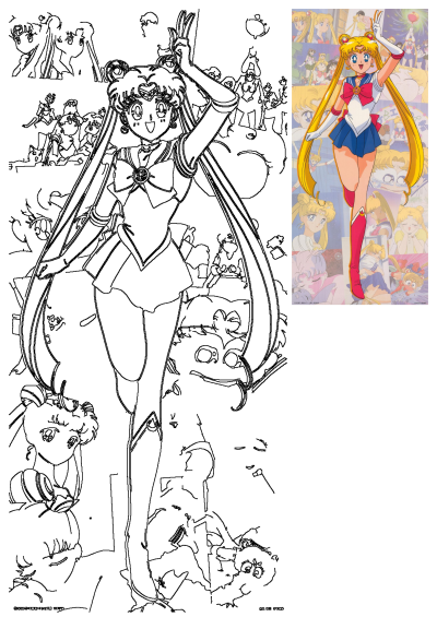 Sailor Moon Anime Girl Character Background Illustration features a full-color hero pose and a detailed line art version.