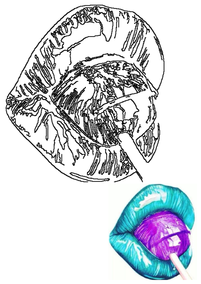 Vibrant teal lips gripping a shiny purple lollipop, presented alongside a matching black outline drawing for contrast.