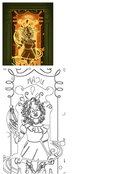 Madu Encanto magical door art depicting a glowing character with curly hair and a paintbrush, shown alongside its line art drawing.