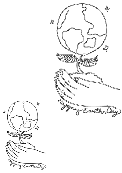 Line art drawing for Earth Day featuring hands gently holding a plant sprout, with the Earth globe floating above, and 'Happy Earth Day' text.