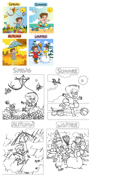 A child playing in all four seasons: spring kite flying, summer beach fun, autumn puddle jumping, and winter snowman. With outlines.