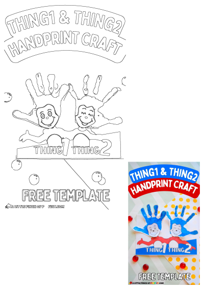 Free printable Thing 1 and Thing 2 handprint craft template and a colorful example of the completed Dr. Seuss art project.