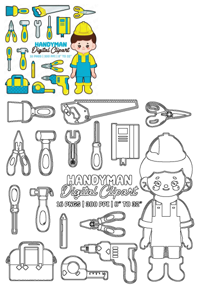Handyman digital clipart featuring a cartoon construction worker in a hard hat and overalls with many tools. Includes outline versions.