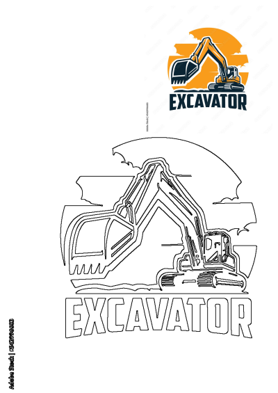 A bold excavator logo and outline design for construction equipment, showcasing the powerful machine against an orange sun backdrop.