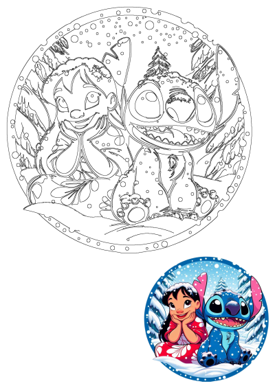Lilo and Stitch in a cute winter scene, featuring an outline of the duo in snow with a festive tree, and a colored example.